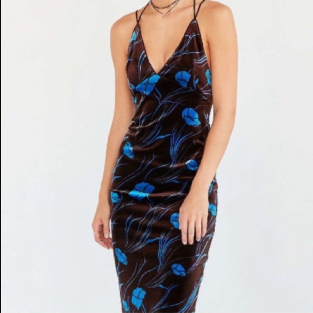 Urban Outfitters Black Maxi Slip Dress with Bright Blue Floral Accents